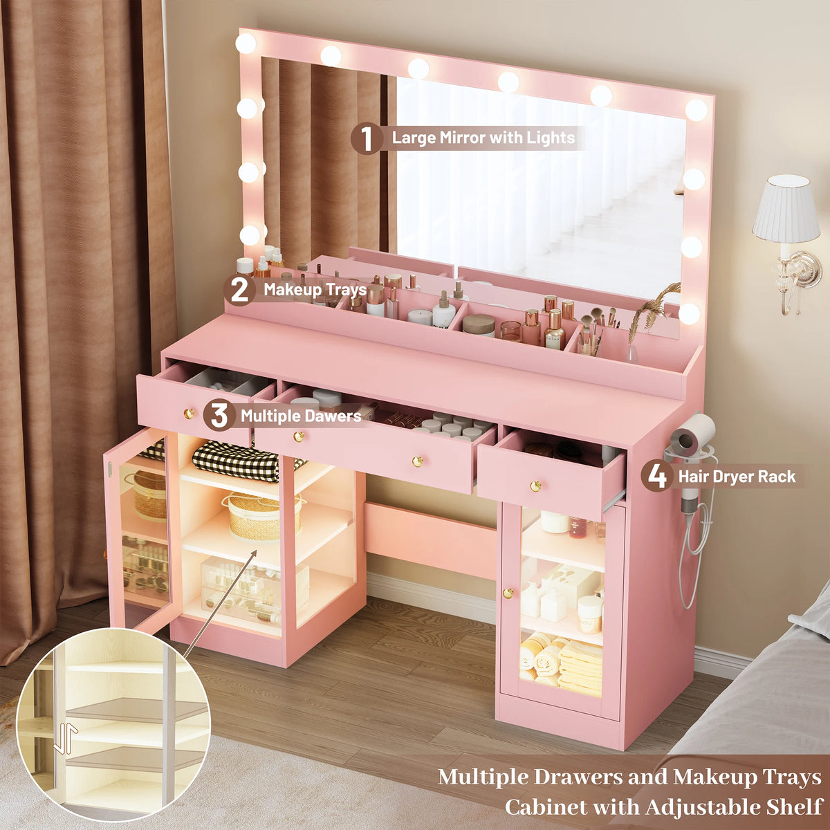 Makeup Vanity With Large Mirror And Lights USB Charging Station