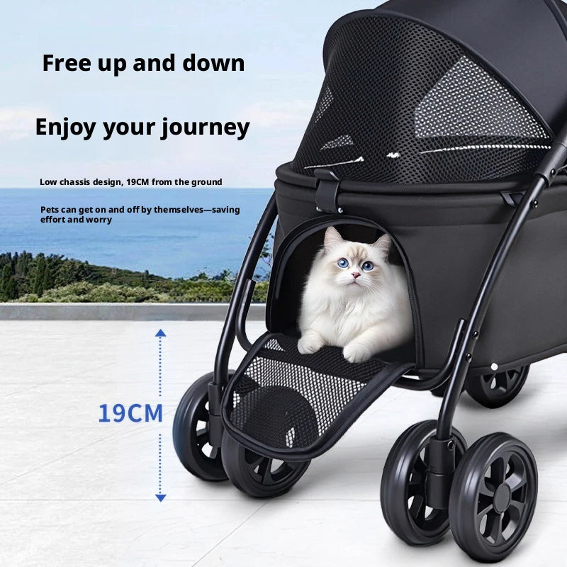 4-Wheel Foldable Pet Stroller with Low 19cm Chassis, Shock-Absorbing 360° Swivel Wheels, Breathable Mesh Windows & Storage Pocket, One-Click Folding Travel Cart for Small Medium Dogs & Cats