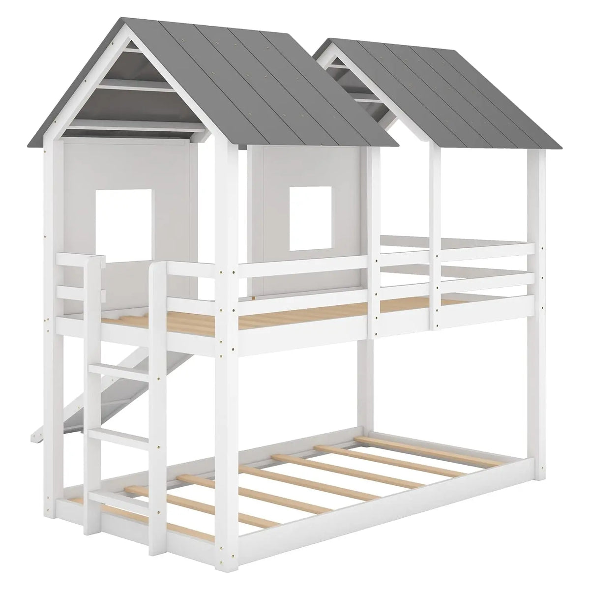 Wooden Bunk Bed With Slide And Guardrails