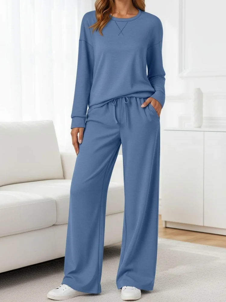 Women's Polyester Knit Two-Piece Set With Long Sleeve Top And Wide Leg Trousers