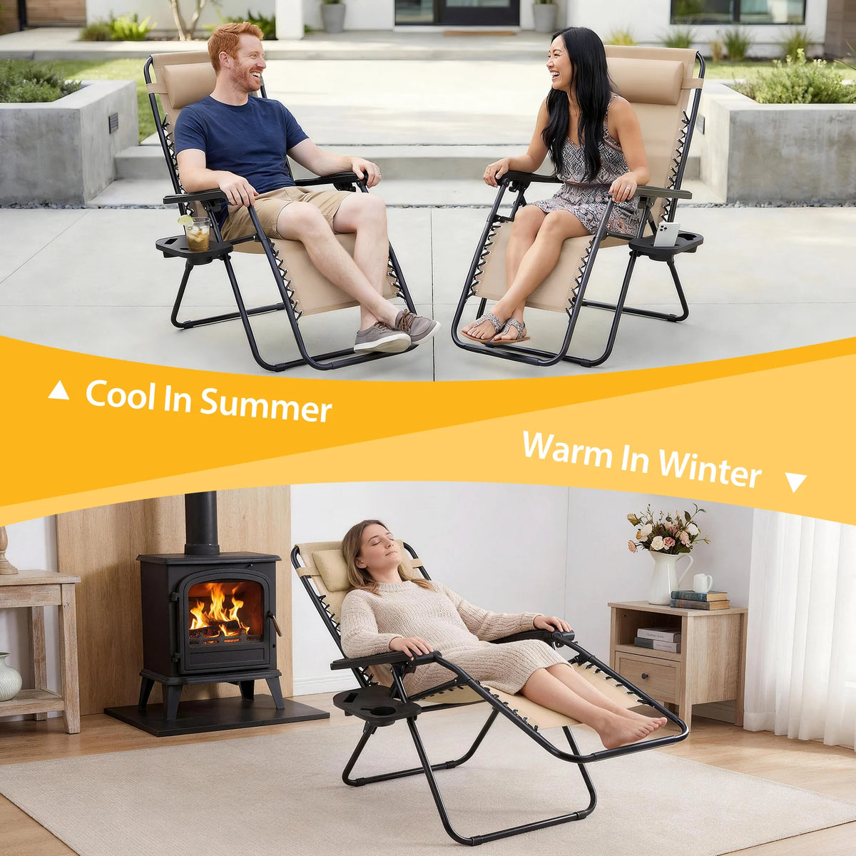 JHK Portable Zero Gravity Recliner Chairs Set Of 2 With Cup Holders Outdoor