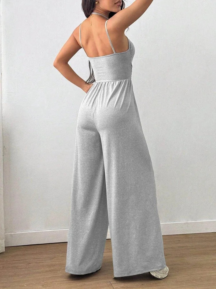 Women's Polyester Solid Square Neck Ruched Waist Wide Leg Jumpsuit