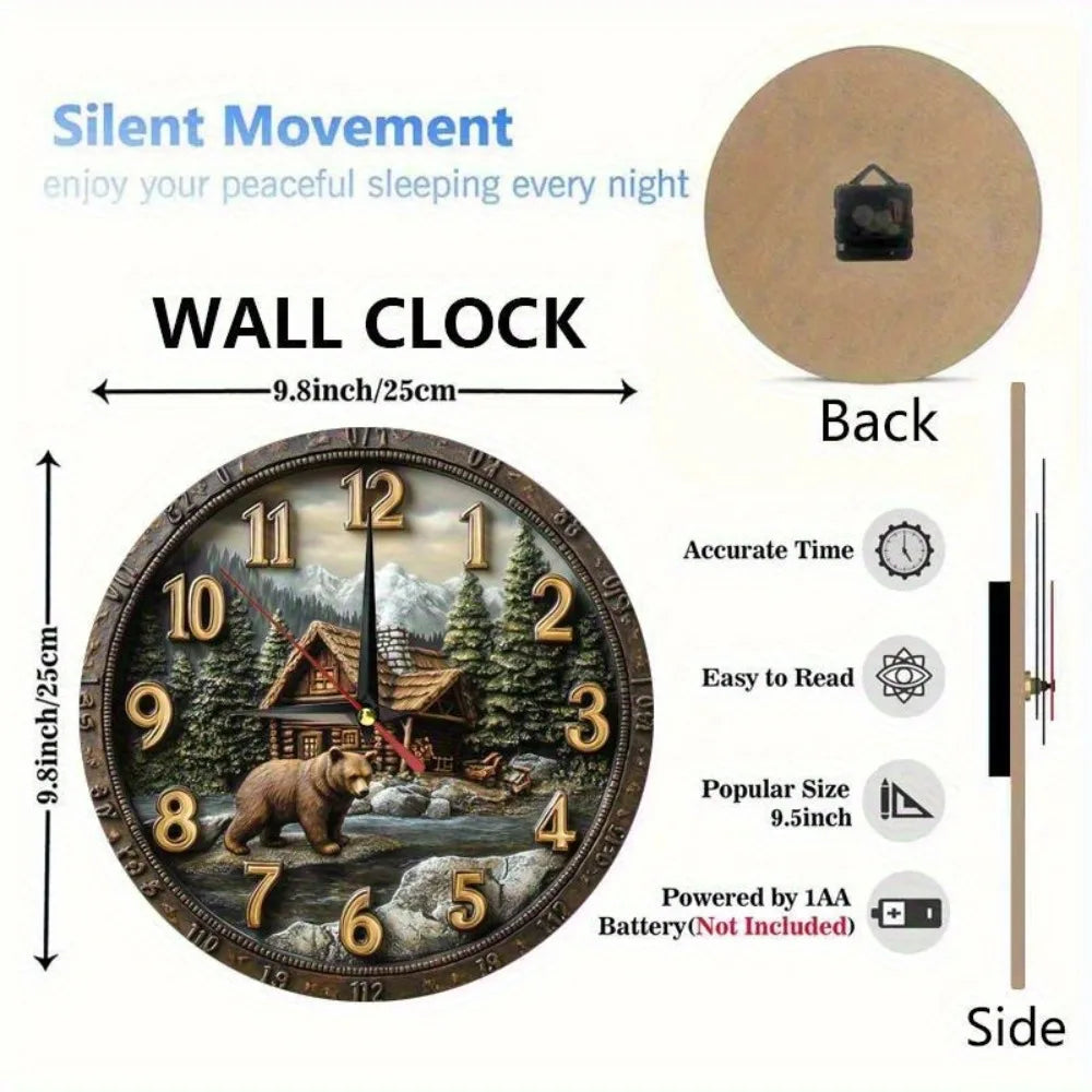 XMSJ Rustic Farmhouse Wall Clock With Bear Cabin Design Quartz