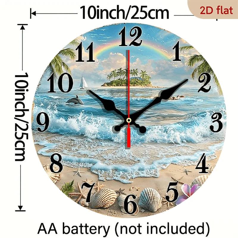 Tropical Beach Ocean Wooden Wall Clock With Rainbow Dolphins Seashells