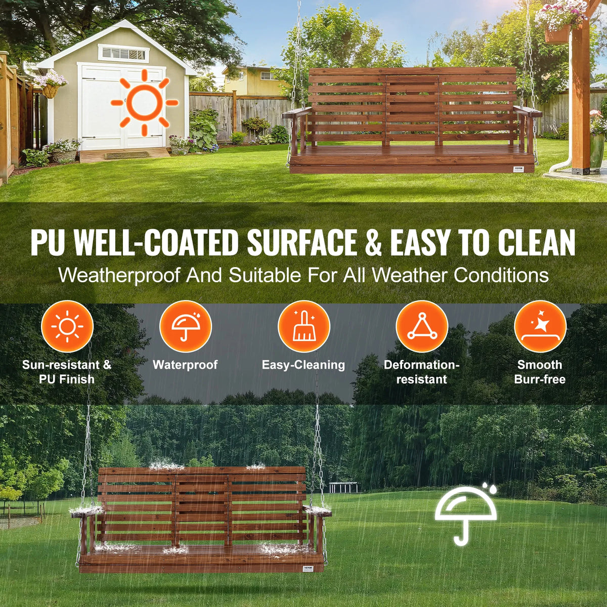 SucceBuy Cedar Wood Porch Swing Outdoor Bench With Steel Chains