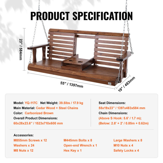 SucceBuy Cedar Wood Porch Swing Outdoor Bench With Steel Chains