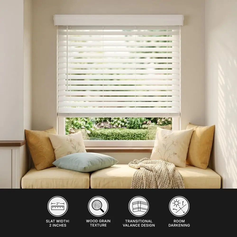 2 Textured Slat Wood Blinds, 63 Wide x 72 Long, White with Traditional Crown Valance, Customizable Sizes