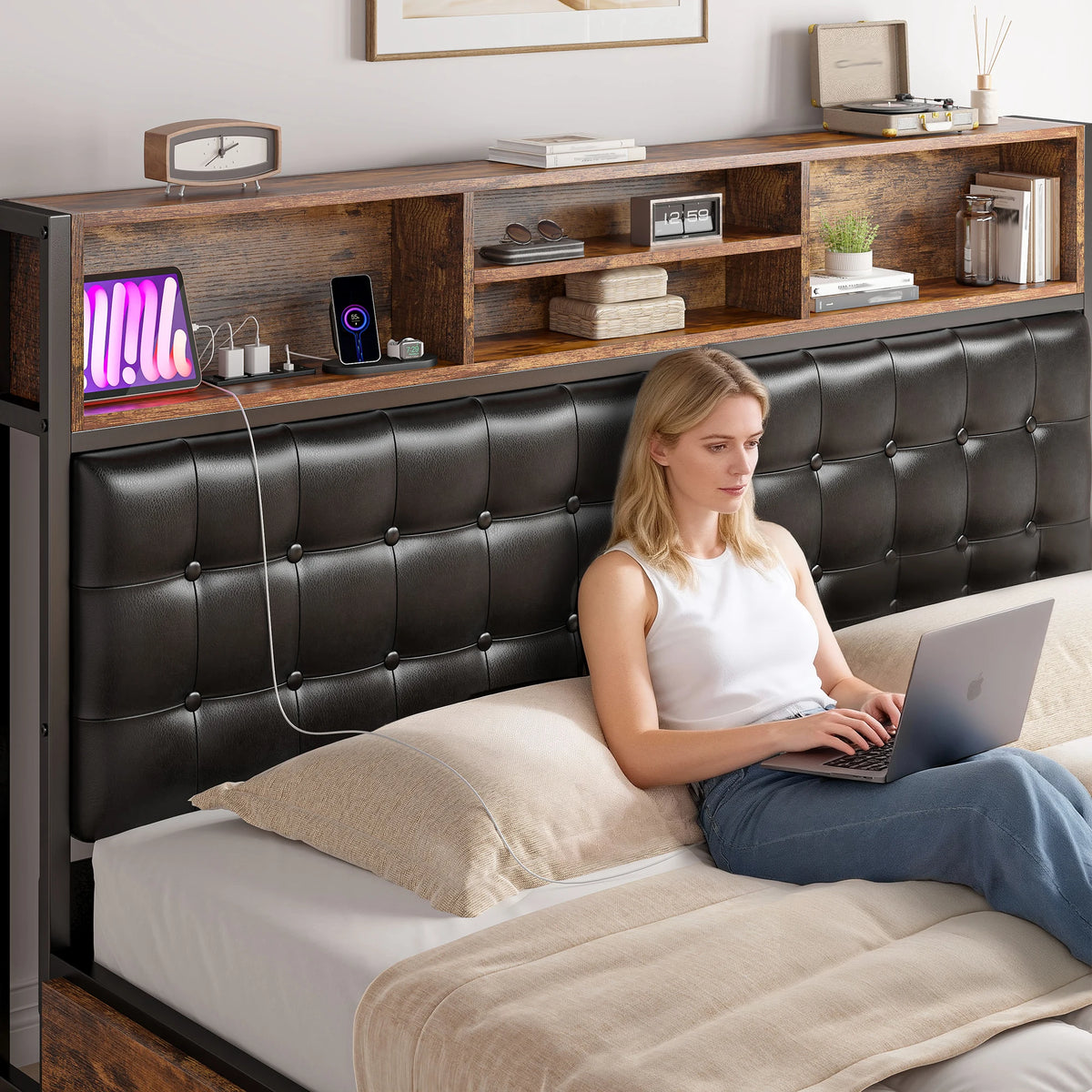 EnHomee Upholstered Platform Bed Frame With Charging Station And Storage Drawers