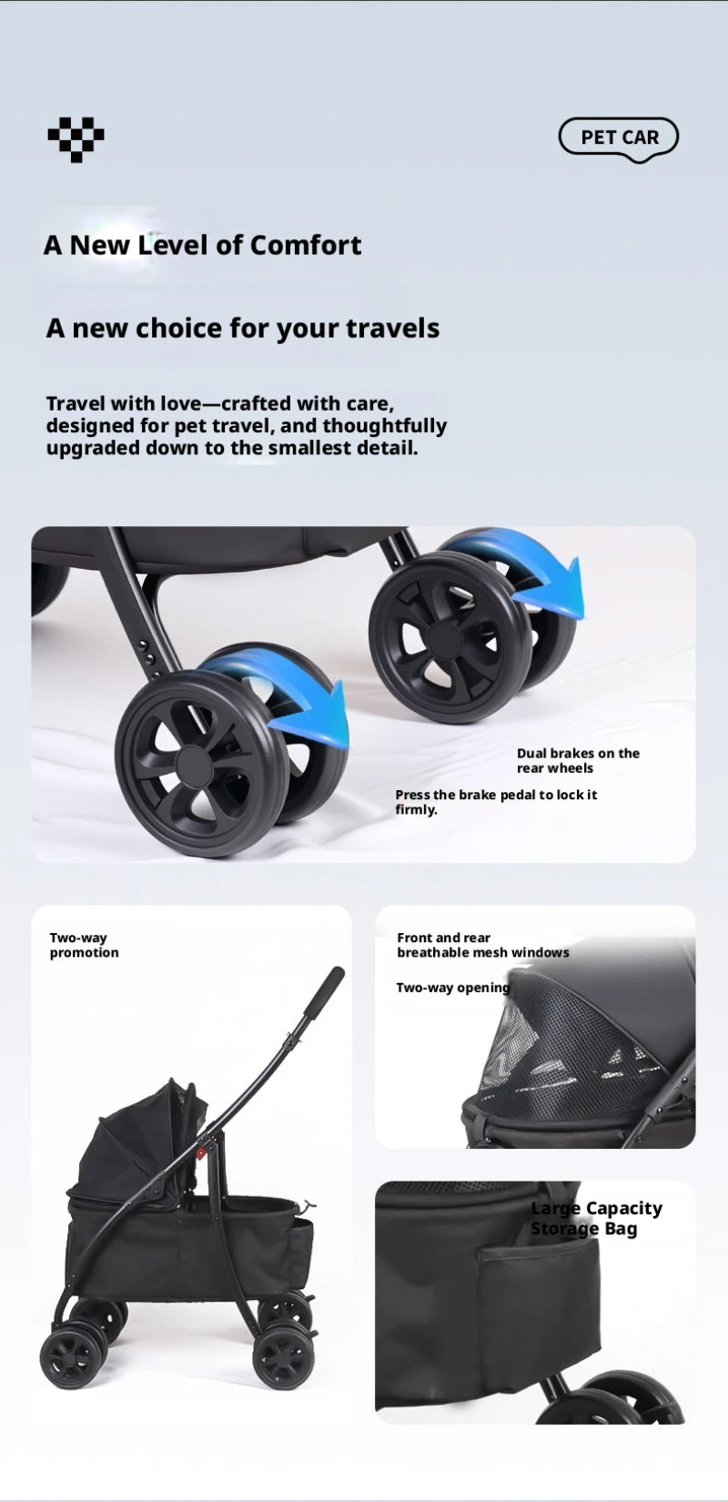 4-Wheel Foldable Pet Stroller with Low 19cm Chassis, Shock-Absorbing 360° Swivel Wheels, Breathable Mesh Windows & Storage Pocket, One-Click Folding Travel Cart for Small Medium Dogs & Cats