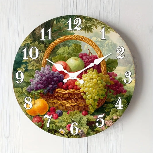 Silent Wall Clock Rustic Farmhouse Wood Fruit Basket Design