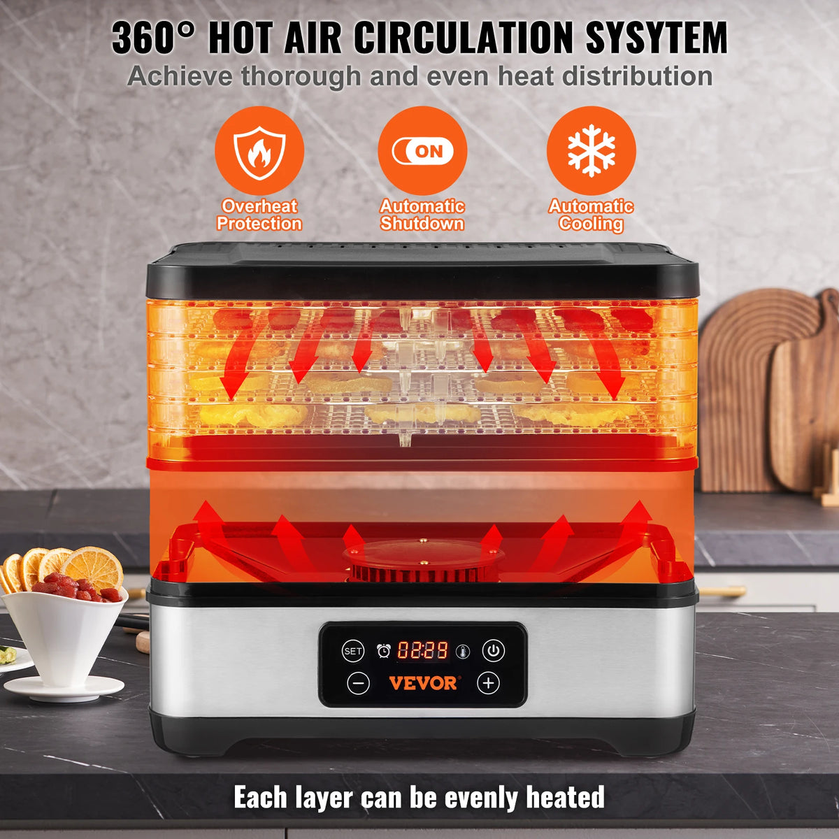 VEVOR 5 Tray Food Dehydrator Stainless Steel Dryer With Timer