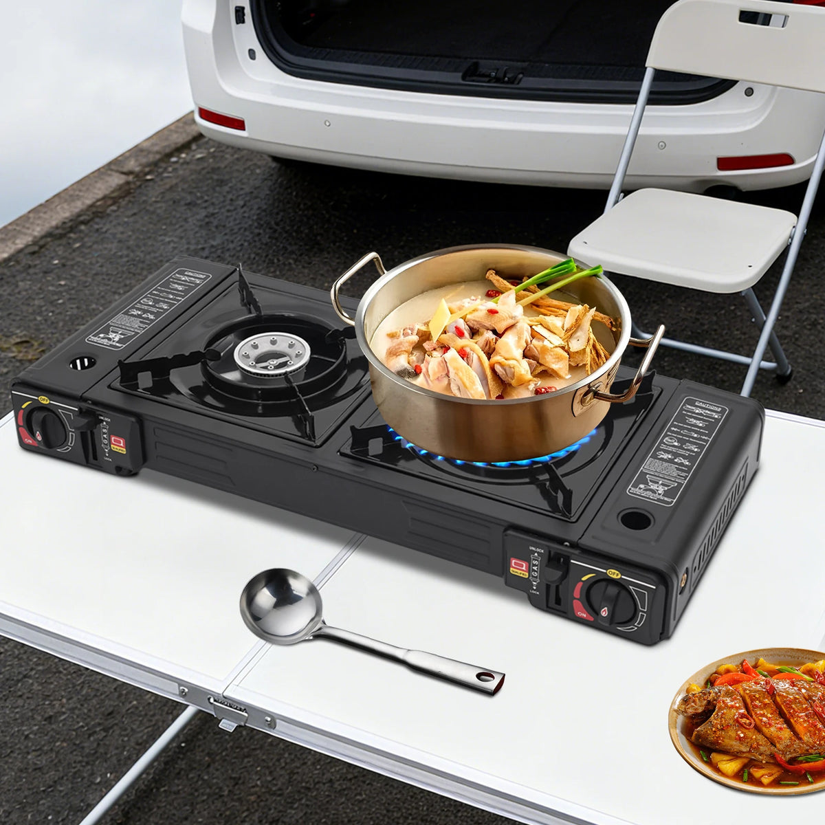 2 Burner Portable Camping Stove With Piezo Ignition For Butane Or LPG