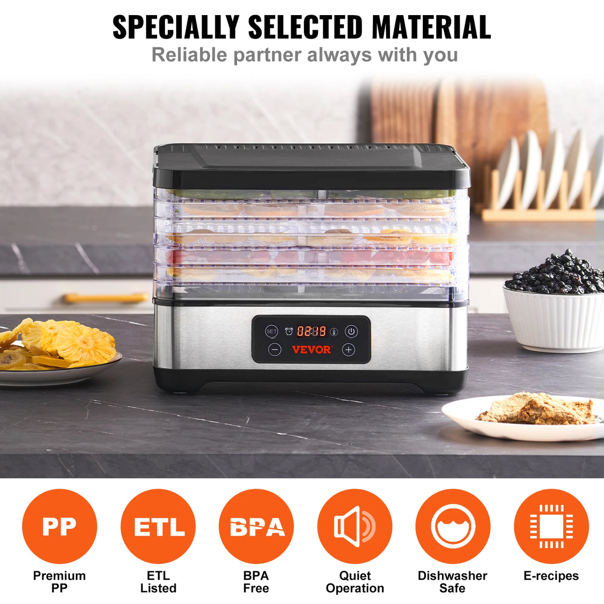 VEVOR 5 Tray Food Dehydrator Stainless Steel Dryer With Timer