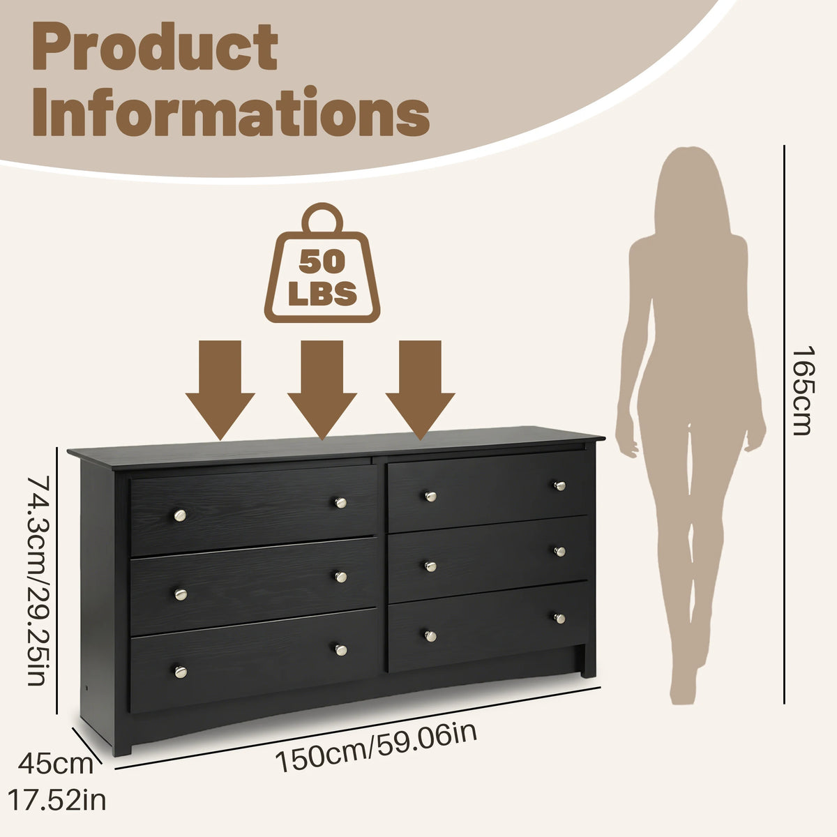 JHK 59IN Wood 6 Dresser Drawers Cabinet for Living Room Stable Structure Storage Wide Chest of Drawers Furniture For Bedroom