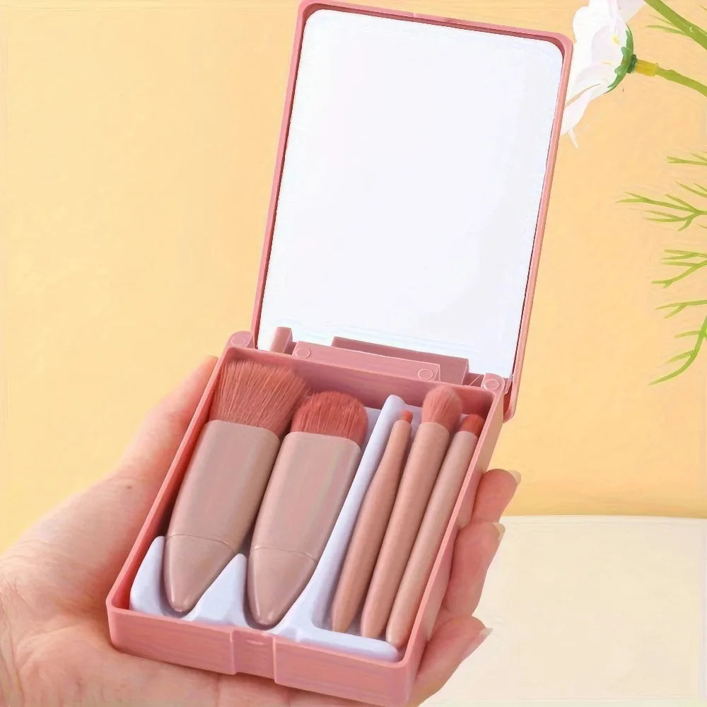 Makeup Brush Set With Compact Mirror And Soft Bristles