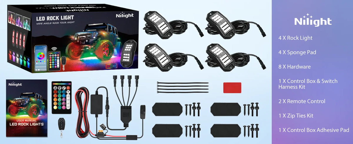 Nilight RGB Rock Lights Kit Underglow With Remote App For Jeep Truck SUV ATV UTV