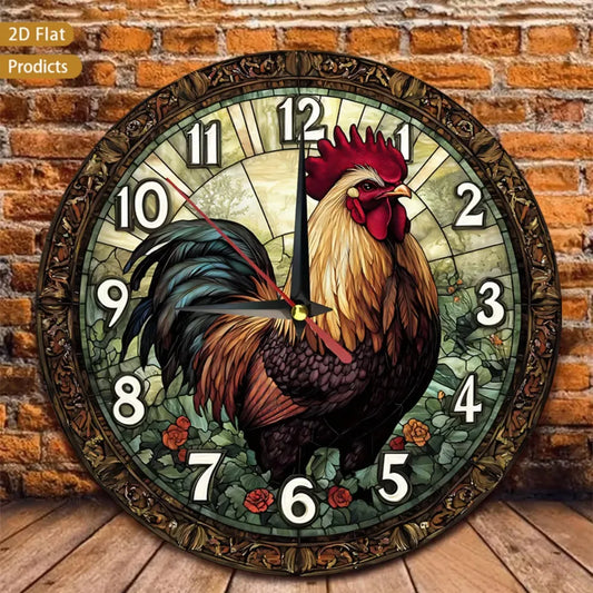 Vintage Rooster Wood Wall Clock Farmhouse Silent Non Ticking Battery