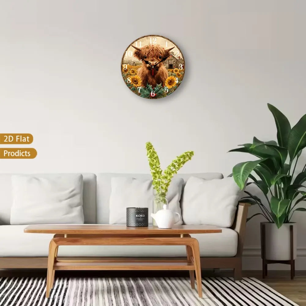 Scottish Highland Cow And Sunflower Rustic Farmhouse Wall Clock Silent