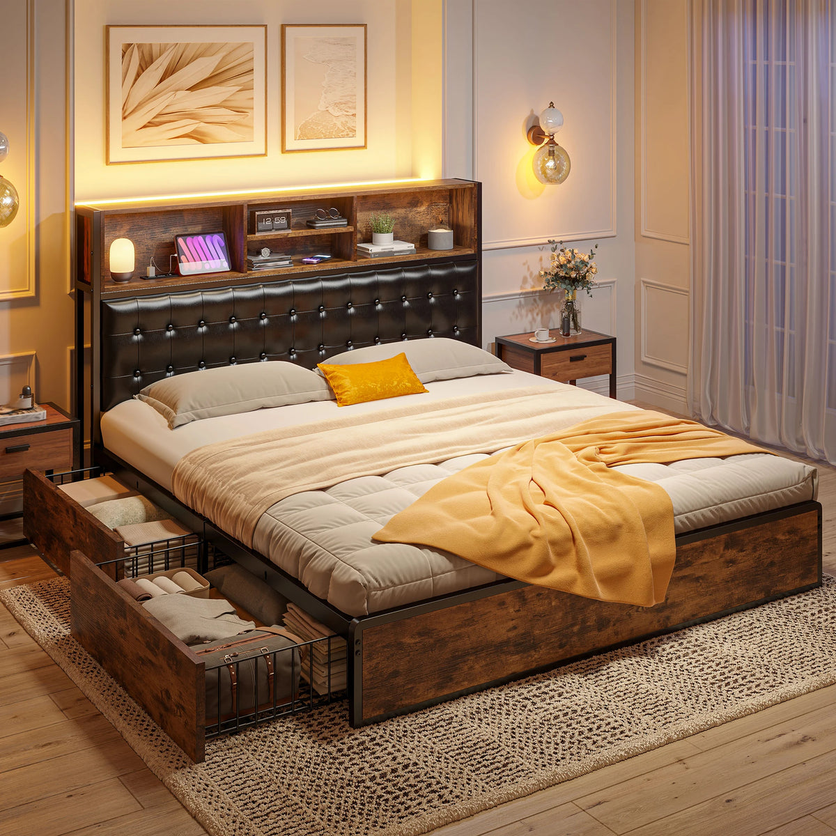 EnHomee Upholstered Platform Bed Frame With Charging Station And Storage Drawers