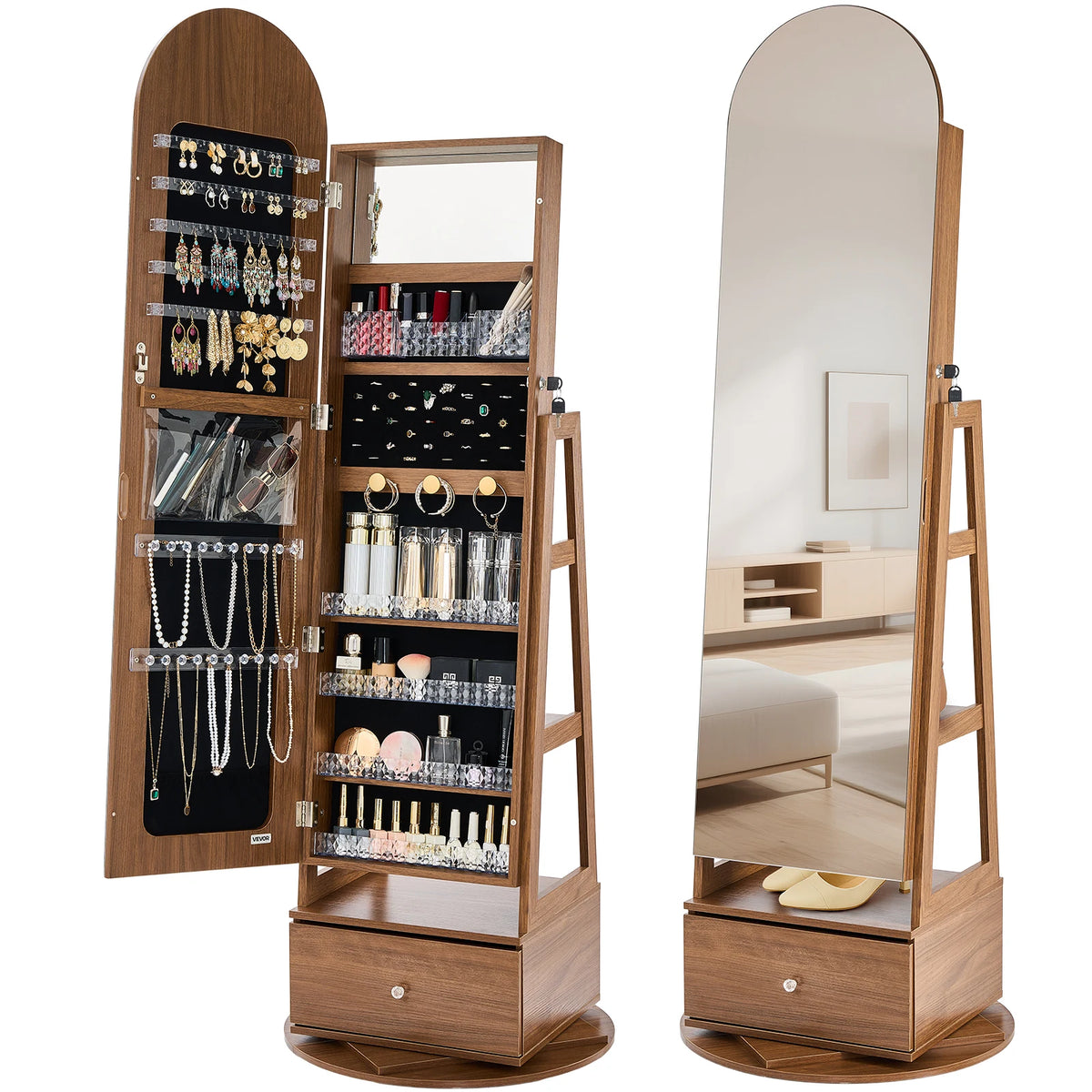 SucceBuy 360 Degree Swivel Jewelry Cabinet With Lockable Mirror Armoire