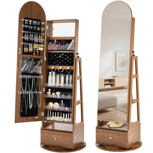 SucceBuy 360 Degree Swivel Jewelry Cabinet With Lockable Mirror Armoire