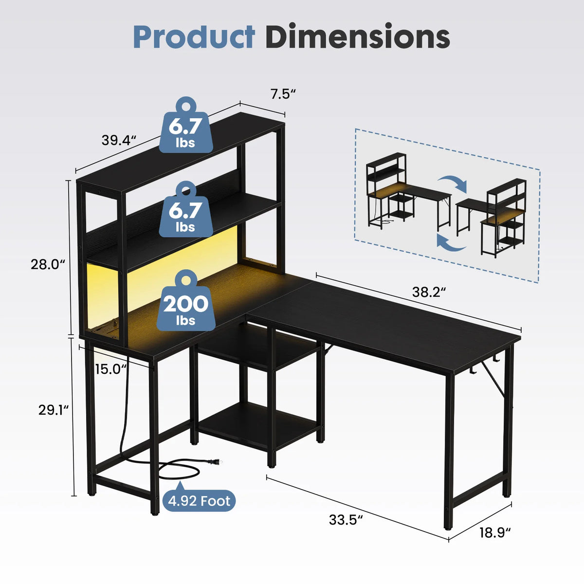 JHK Reversible L Shaped Gaming Desk With LED Lighting