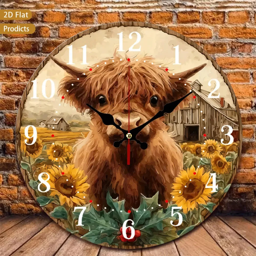 Scottish Highland Cow And Sunflower Rustic Farmhouse Wall Clock Silent