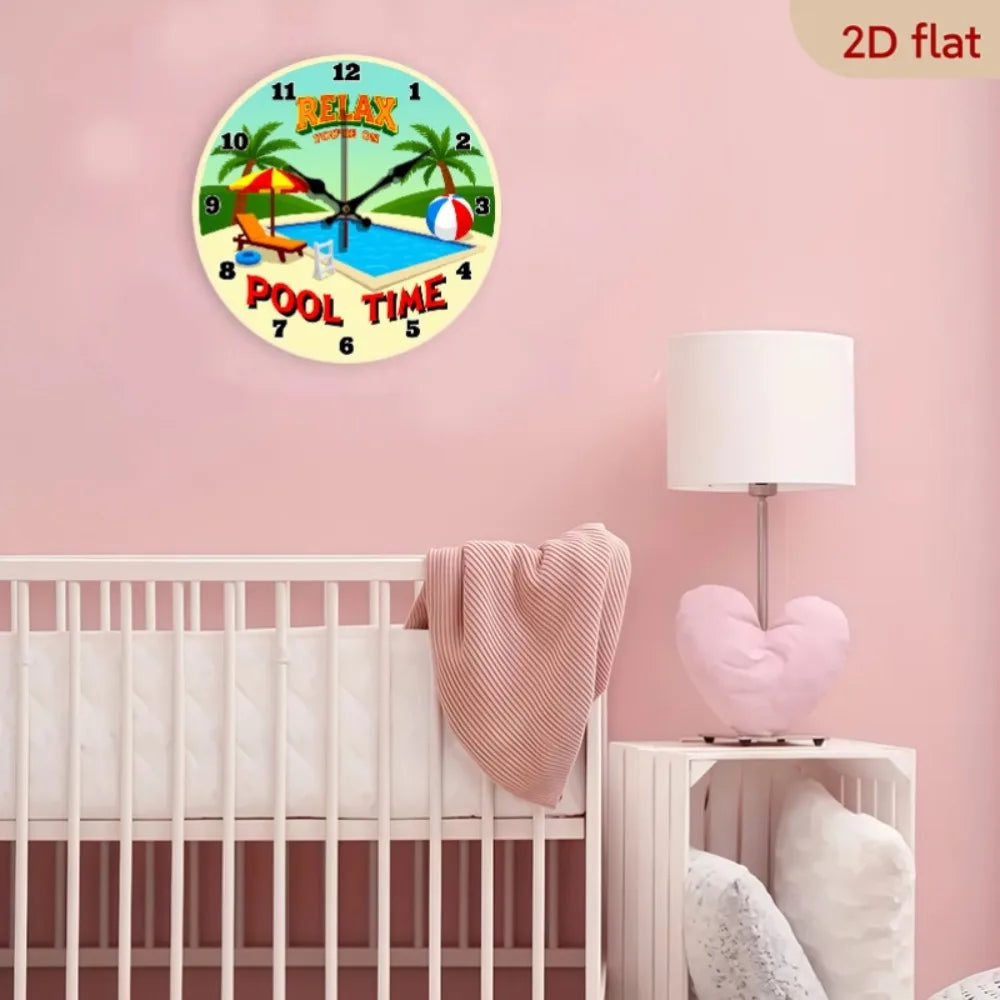 Wooden Wall Clock Tropical Beach Theme Silent Non Ticking Pool Party Decor
