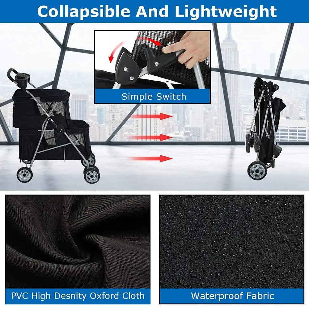 Durable Foldable Double Pet Stroller For Small Medium Dogs And Cats