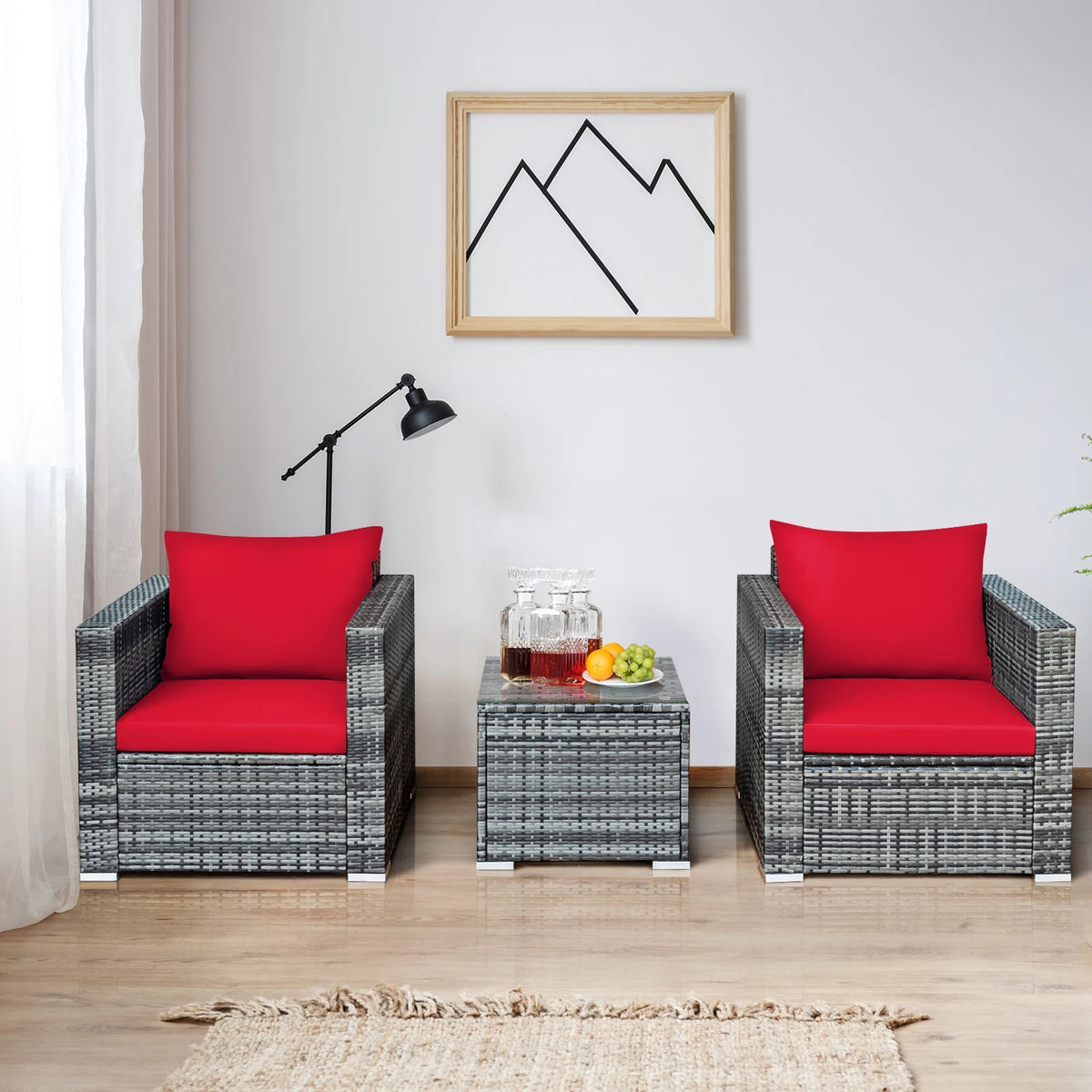 HOMASIS 3 Piece Patio Rattan Bistro Set Cushioned Sofa Chairs Table