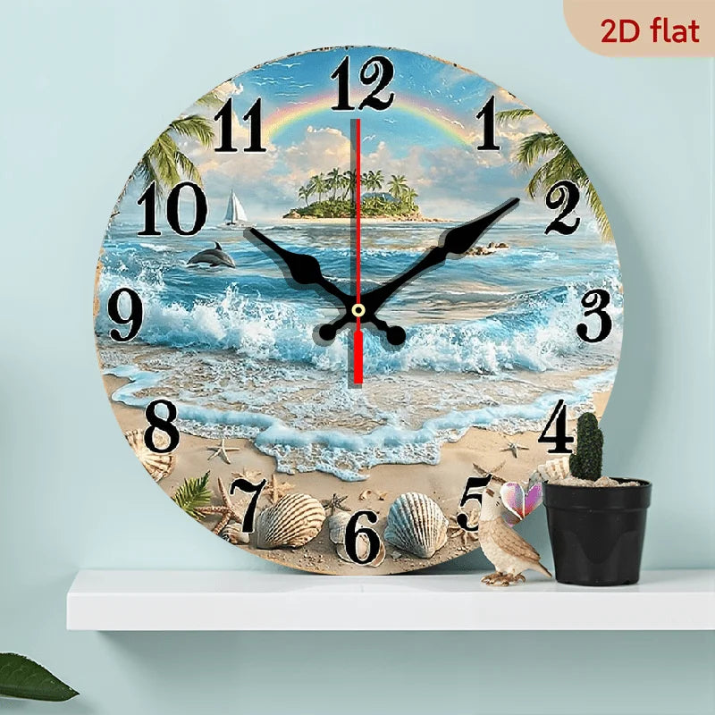 Tropical Beach Ocean Wooden Wall Clock With Rainbow Dolphins Seashells