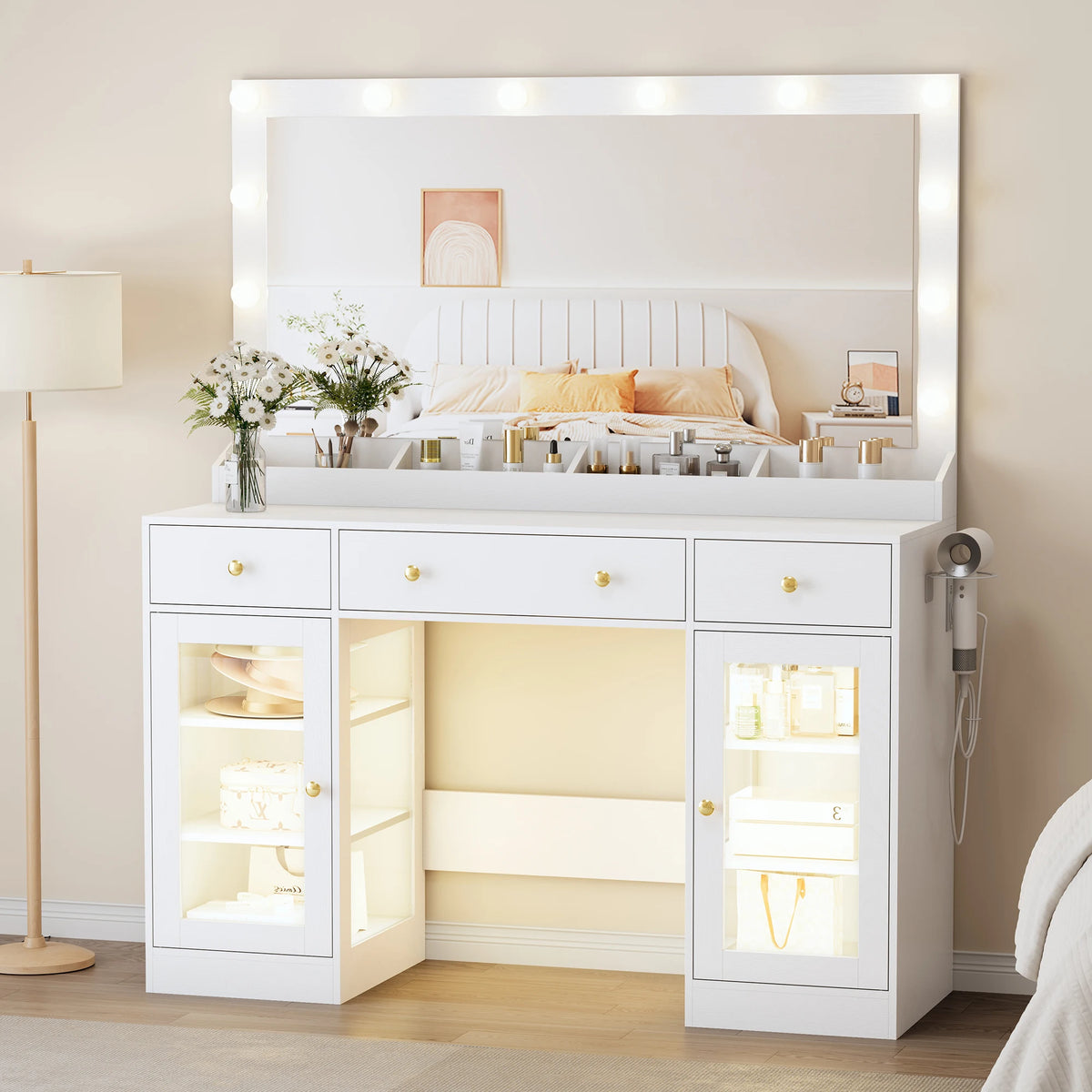 Makeup Vanity With Large Mirror And Lights USB Charging Station