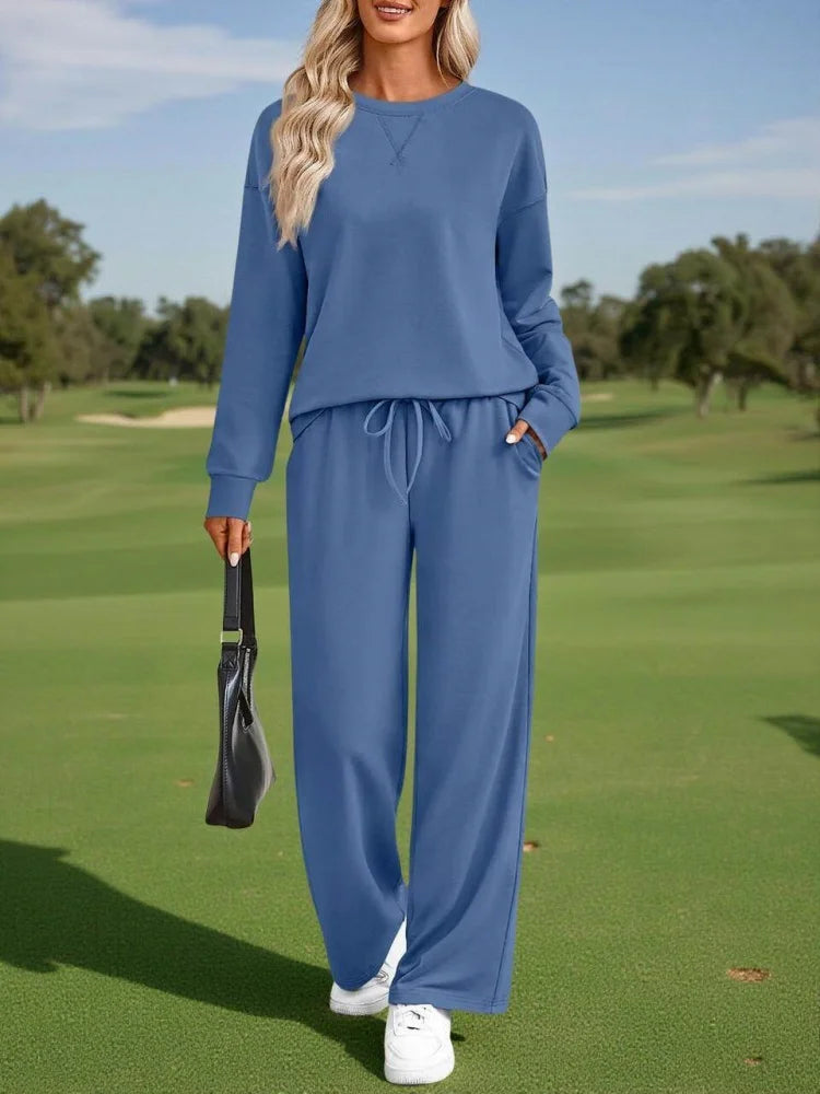 Women's Polyester Knit Two-Piece Set With Long Sleeve Top And Wide Leg Trousers