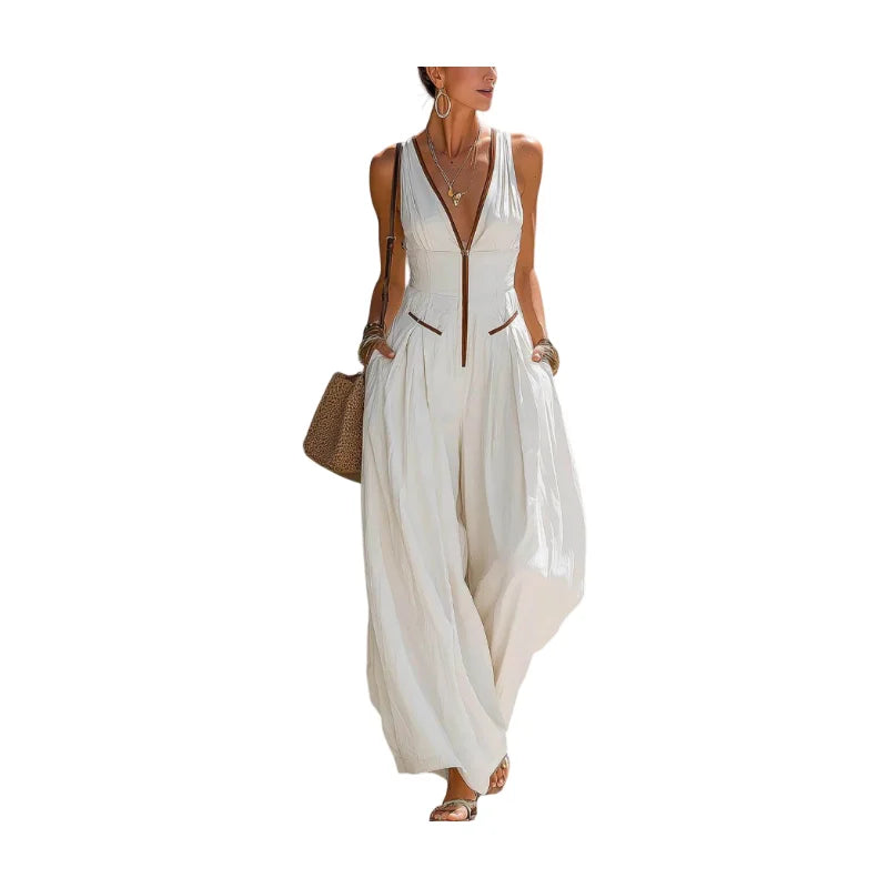 Women'S Sleeveless V Neck Zipper Wide Leg Polyester Jumpsuit
