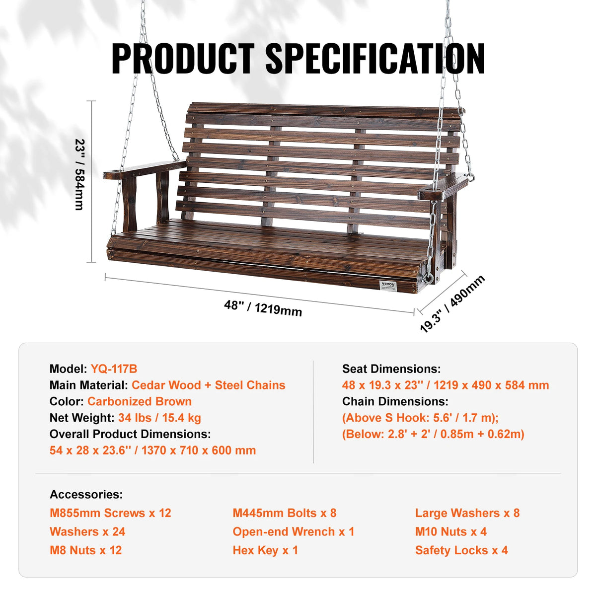 SucceBuy Cedar Wood Porch Swing Outdoor Bench With Steel Chains