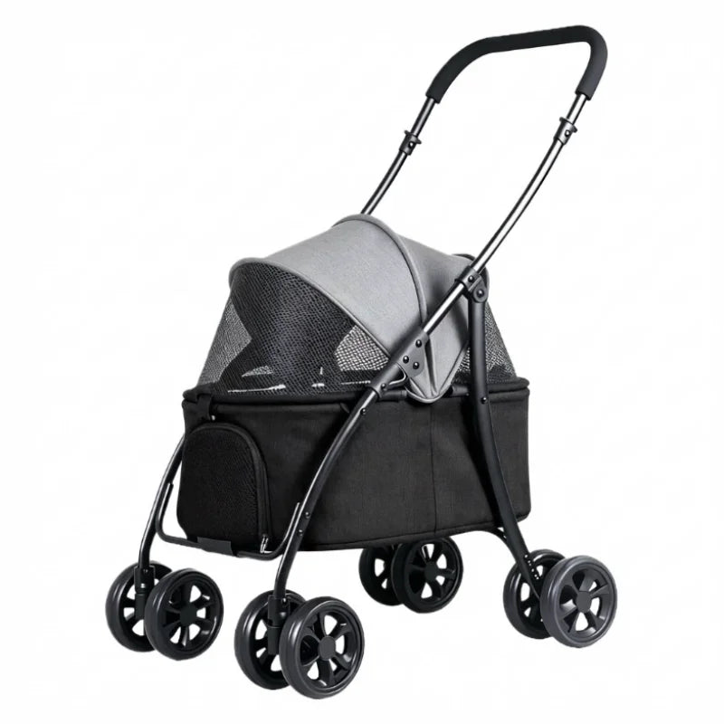 4-Wheel Foldable Pet Stroller with Low 19cm Chassis, Shock-Absorbing 360° Swivel Wheels, Breathable Mesh Windows & Storage Pocket, One-Click Folding Travel Cart for Small Medium Dogs & Cats