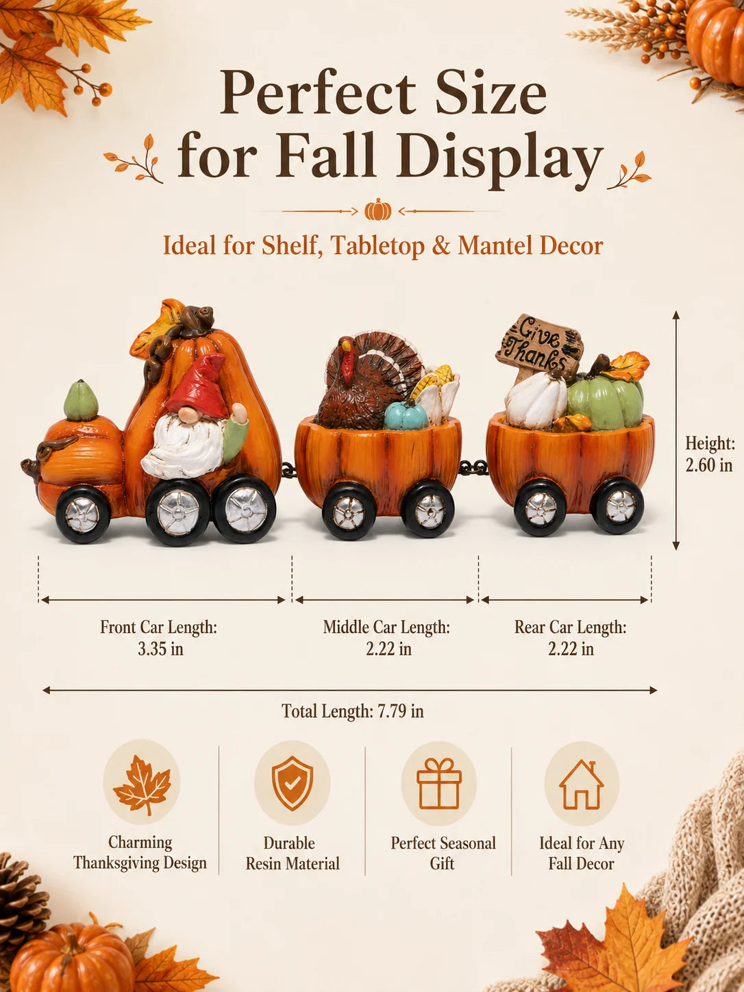 Hodao Resin Thanksgiving Pumpkin Train Figurine With Gnome And Turkey