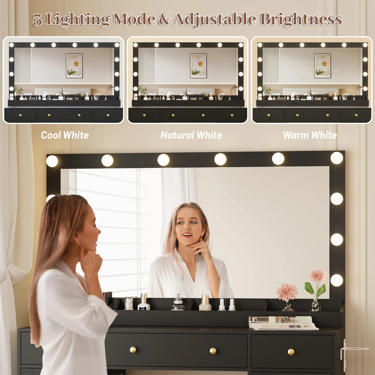 Makeup Vanity With Large Mirror And Lights USB Charging Station