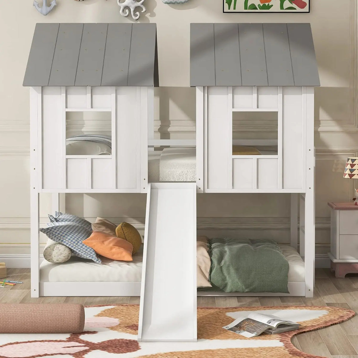 Wooden Bunk Bed With Slide And Guardrails