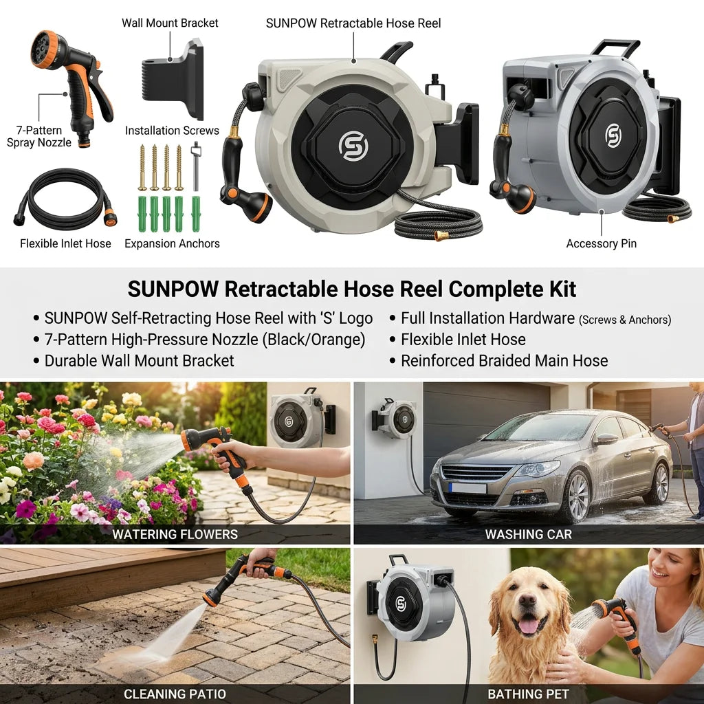 SUNPOW Retractable Garden Hose Reel,5/8in×100FT Wall‑Mount Heavy‑Duty Reel,Any Length Lock,Pulley Guide Rail System,Leak‑Proof 3/4in Brass Fitting,10‑Function Spray Nozzle,180° Swivel Bracket,Auto Rewind for Garden