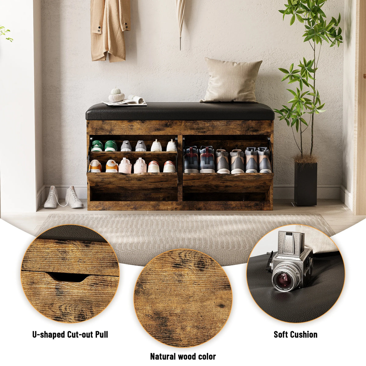 Shoe Storage Bench with Lift Top, 2 Flip Drawers & Padded Seat Cushion - Entryway, Hallway, Living Room Shoe Organizer Cabinet