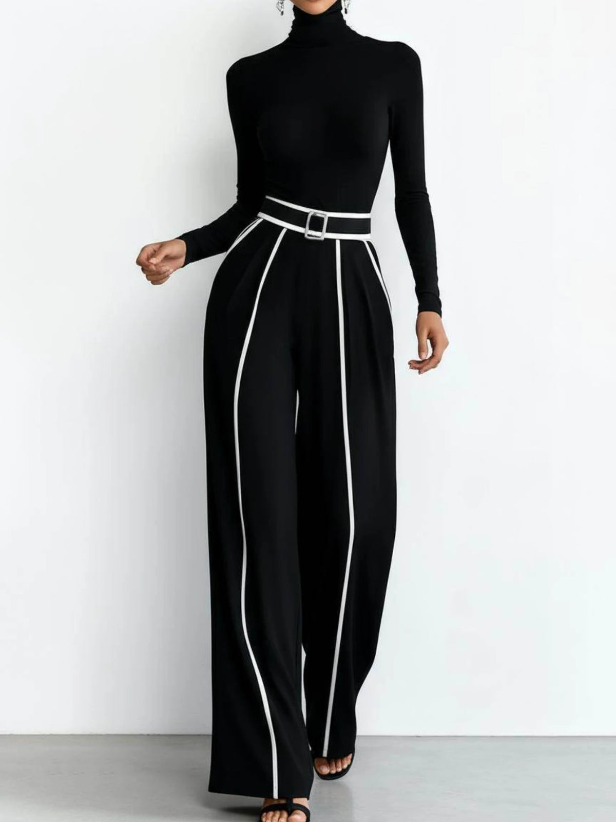 Women Two Piece Set Turtleneck Top Wide Leg Pants