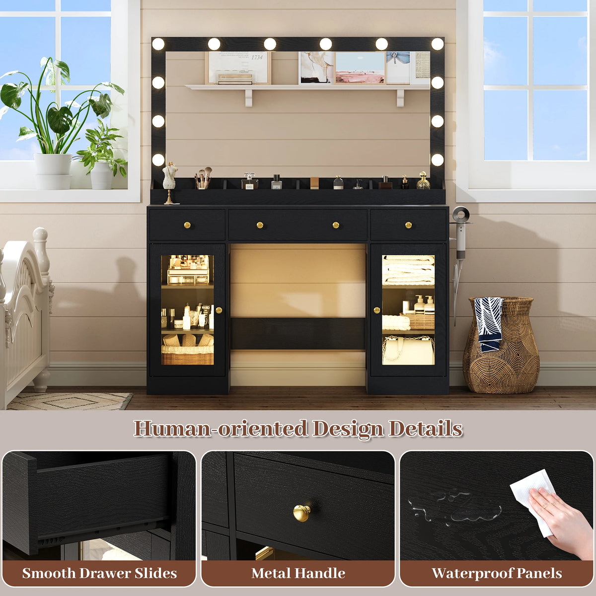 Makeup Vanity With Large Mirror And Lights USB Charging Station