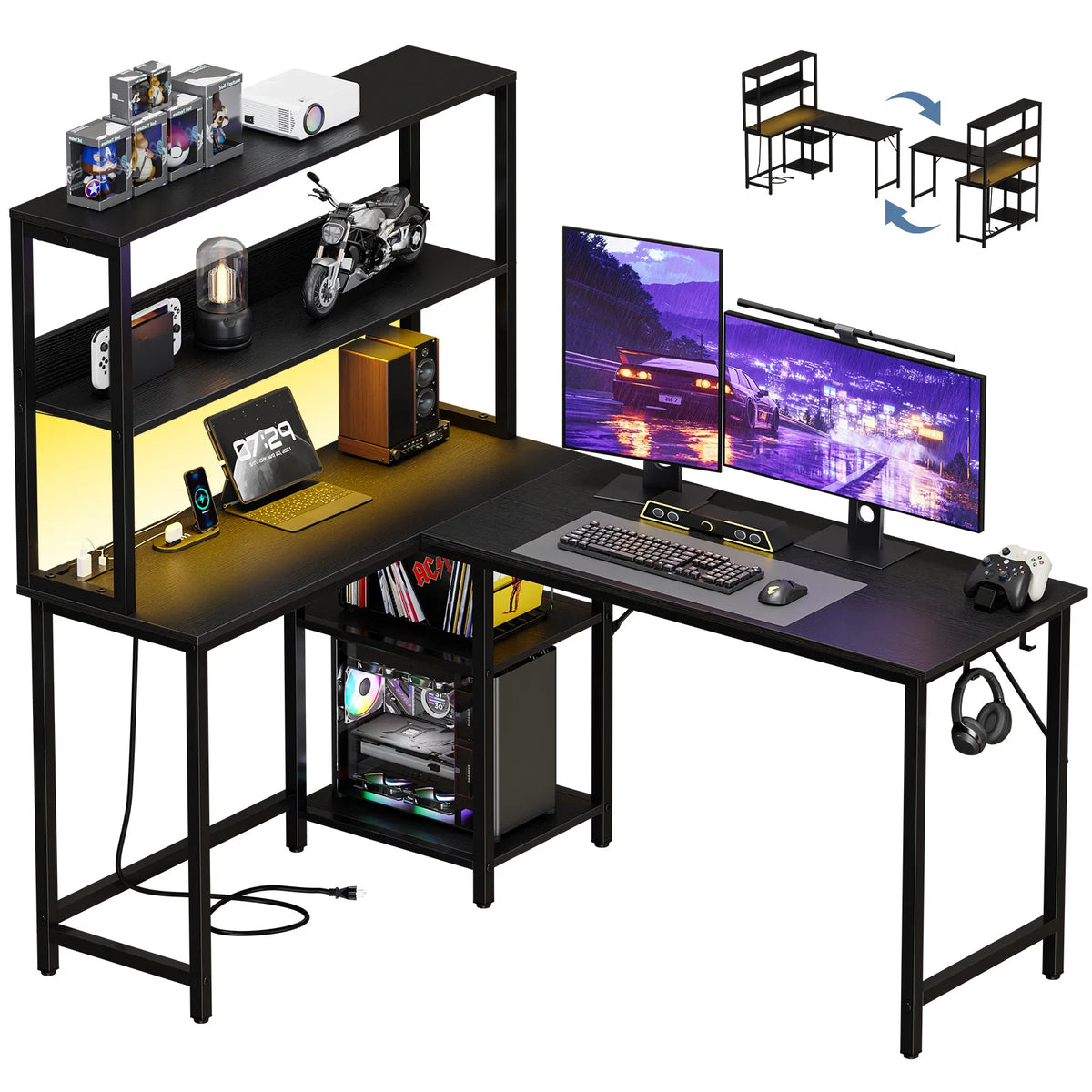JHK Reversible L Shaped Gaming Desk With LED Lighting