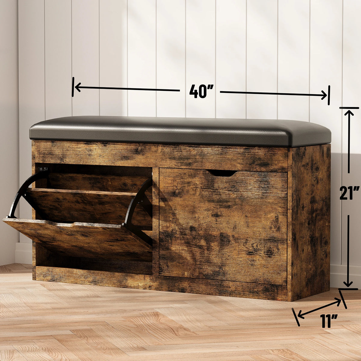 Shoe Storage Bench with Lift Top, 2 Flip Drawers & Padded Seat Cushion - Entryway, Hallway, Living Room Shoe Organizer Cabinet