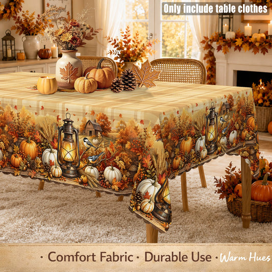 Autumn Harvest Tablecloth With Pumpkin And Buffalo Plaid Print