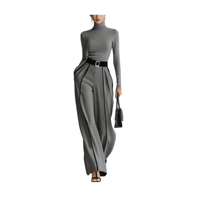 Women Two Piece Set Turtleneck Top Wide Leg Pants