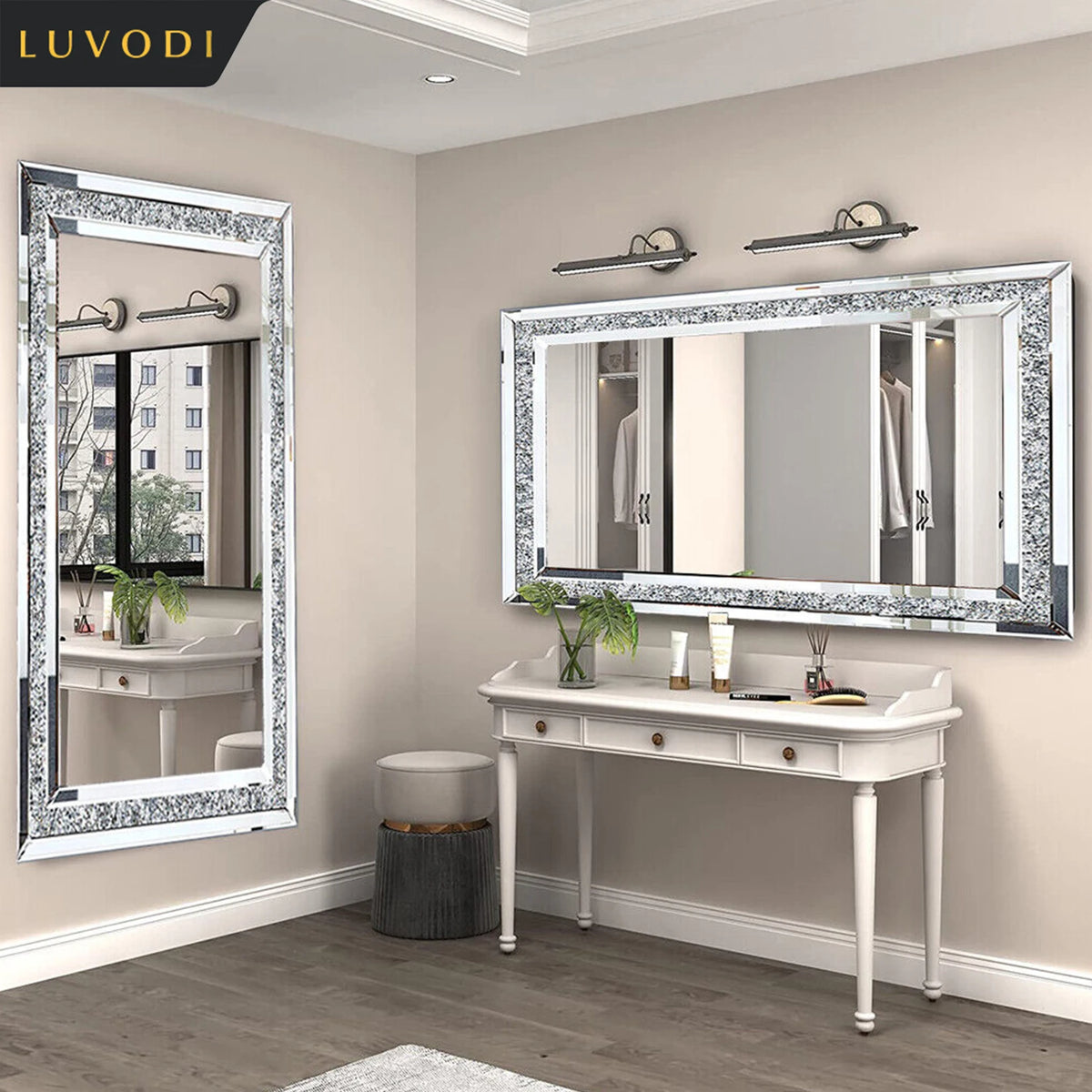 LUVODI Frameless Wall Mounted Vanity Mirror With Crystal Rhinestones