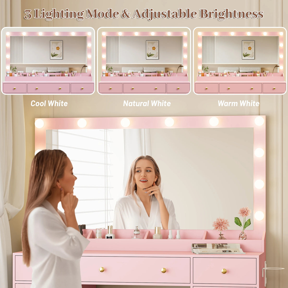 Makeup Vanity With Large Mirror And Lights USB Charging Station