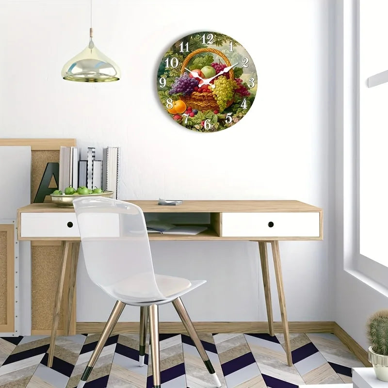 Silent Wall Clock Rustic Farmhouse Wood Fruit Basket Design